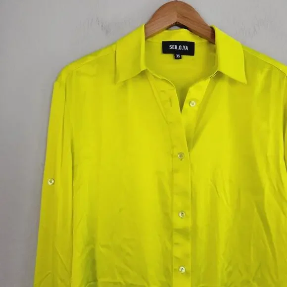 NEW Ser.O.Ya by Retrofête Cayne Silk Shirt - Neon Lime Yellow - XS - $375 - Picture 8 of 12